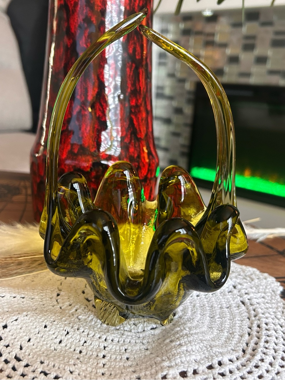 Mid-Century Modern Olive Green Glass Basket, Applied Handle, Ruffled Rim